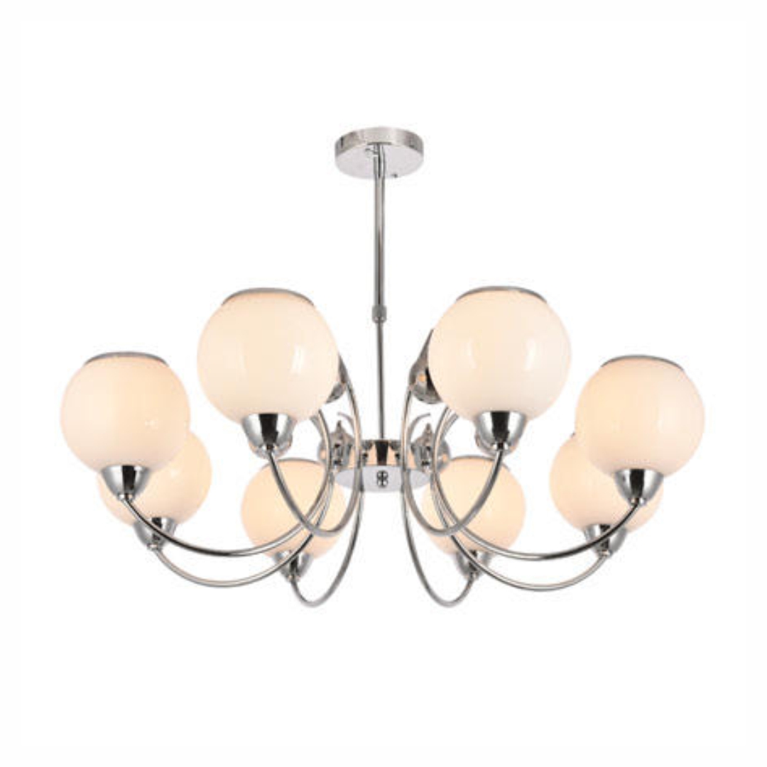Chandelier E27 8 Holder Chrome White Glass
