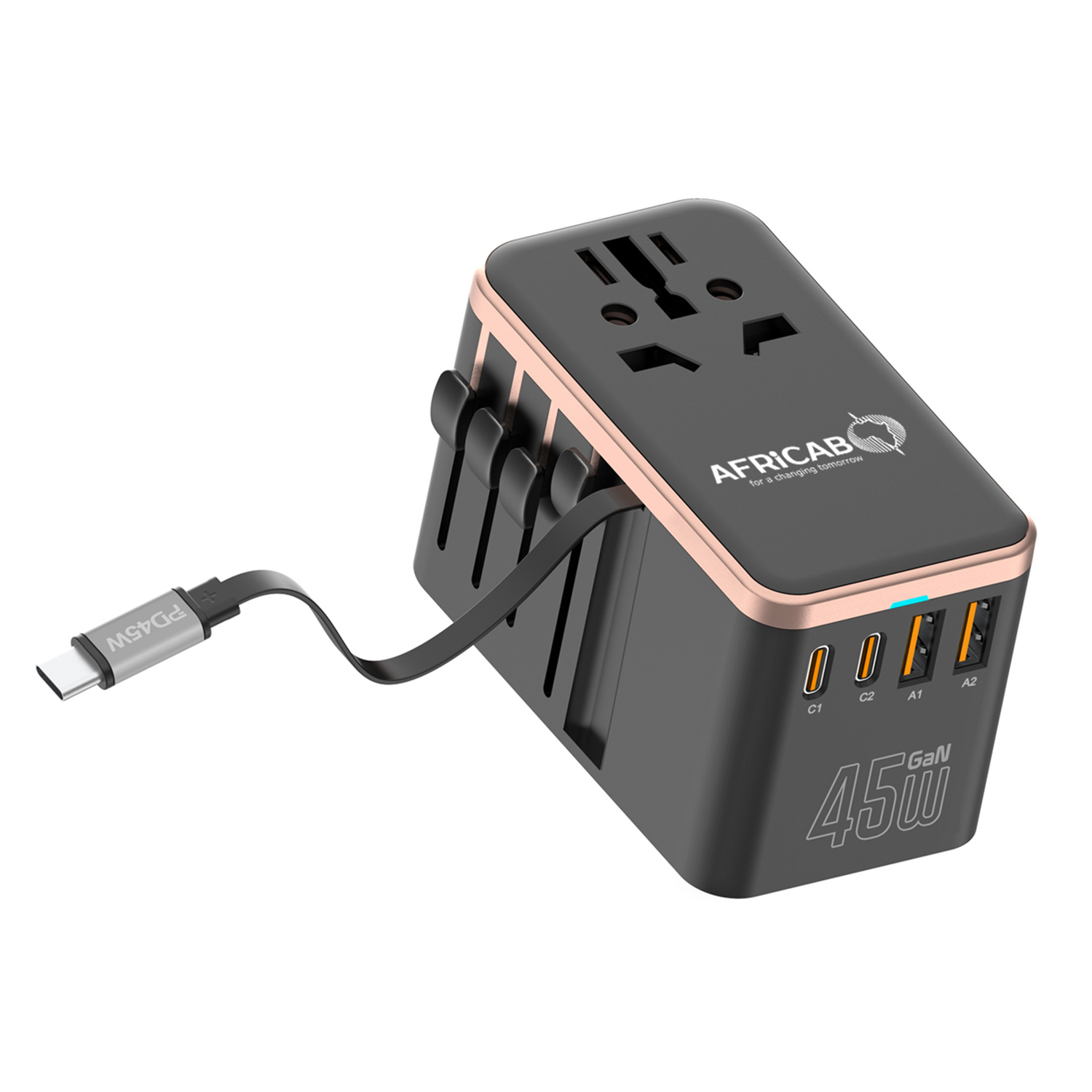 Travel Adapter Africab 45WExrendable & Retractable USB-C CableCables length 70CMSize: 94*52*57cmColor: Black+Golden Color